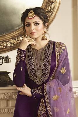 Violet Embroidered Net Semi Stitched Salwar With Dupatta 2