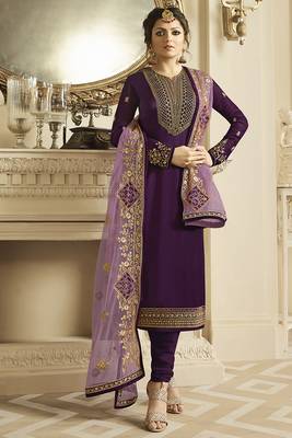 Violet Embroidered Net Semi Stitched Salwar With Dupatta 3