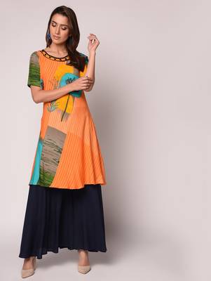 Orange printed Rayon kurti 1