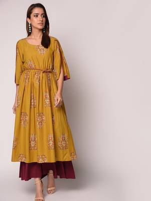 Mustard printed Cotton kurti 1
