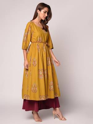 Mustard printed Cotton kurti 3
