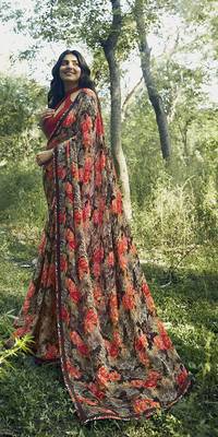 multicolor printed chiffon saree with blouse 1