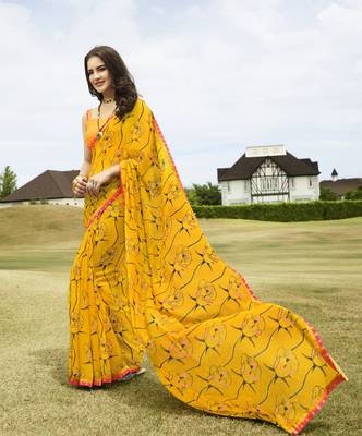 Mustard printed georgette saree with blouse 1