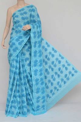 Blue Color Hand Embroidered Kota Cotton Lucknowi Chikankari Saree 1