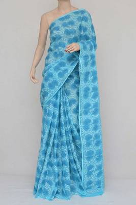 Blue Color Hand Embroidered Kota Cotton Lucknowi Chikankari Saree 2