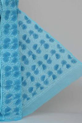 Blue Color Hand Embroidered Kota Cotton Lucknowi Chikankari Saree 3