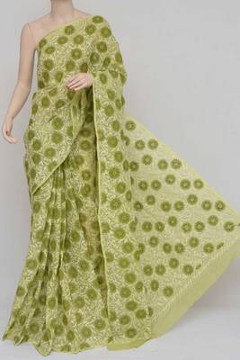 Green Color Hand Embroidered Kota Cotton Lucknowi Chikankari Saree 1