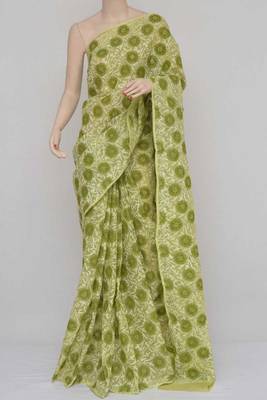 Green Color Hand Embroidered Kota Cotton Lucknowi Chikankari Saree 2