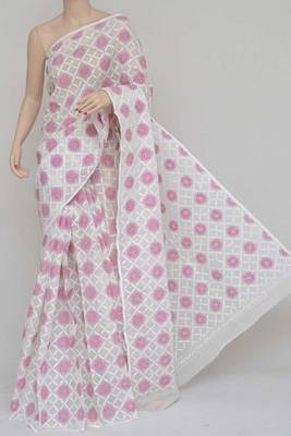 White-Pink Colour Hand Embroidered Multithread Kota Cotton Tepchi Work Lucknowi Chikankari Saree  1