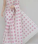 White-Pink Colour Hand Embroidered Multithread Kota Cotton Tepchi Work Lucknowi Chikankari Saree 