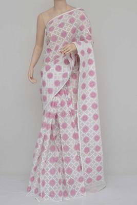 White-Pink Colour Hand Embroidered Multithread Kota Cotton Tepchi Work Lucknowi Chikankari Saree  2