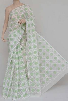 White-Green Color Allover Kota Cotton Tepchi Work Hand Embroidered Lucknowi Chikankari Saree 1