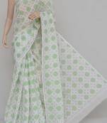 White-Green Color Allover Kota Cotton Tepchi Work Hand Embroidered Lucknowi Chikankari Saree