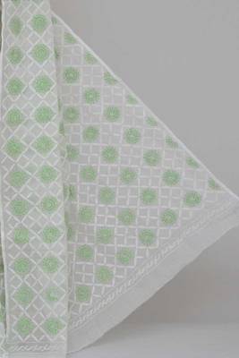 White-Green Color Allover Kota Cotton Tepchi Work Hand Embroidered Lucknowi Chikankari Saree 2