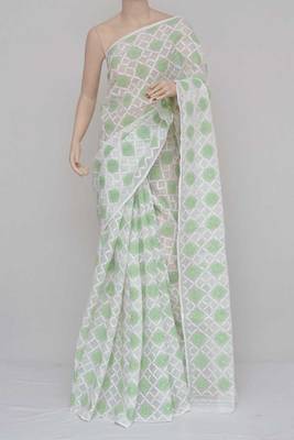 White-Green Color Allover Kota Cotton Tepchi Work Hand Embroidered Lucknowi Chikankari Saree 3