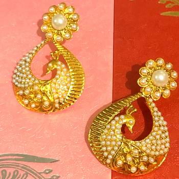 White Peacock Pearl Traditional Studs Earrings Kundan Chandbali 1