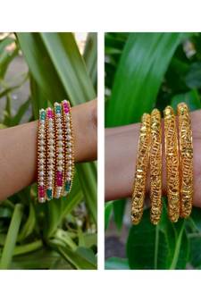 Combo Set Of 4 Pc Gold Plated Bangle And Multicolored Moti Bangle