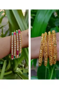 Combo Set Of 4 Pc Gold Plated Bangle And Multicolored Moti Bangle