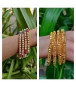Combo Set Of 4 Pc Gold Plated Bangle And Multicolored Moti Bangle
