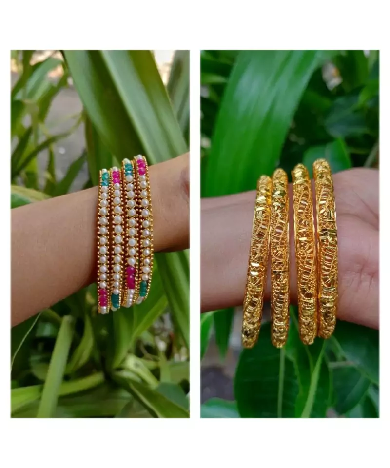 Combo Set Of 4 Pc Gold Plated Bangle And Multicolored Moti Bangle