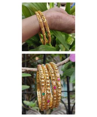 Combo Set Of 2 Pc Gold Plated Bangle And 4 Pc Of Multicolored Stone Gold Plated Bangles 1