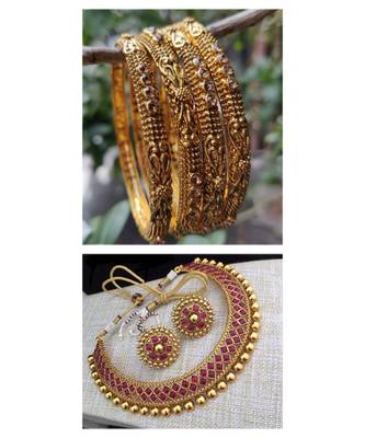 Combo Set Of Red Metallic Necklace Set And 4 Pc Of Gold Plated Bangle 1
