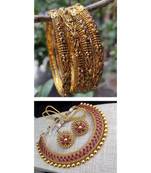 Combo Set Of Red Metallic Necklace Set And 4 Pc Of Gold Plated Bangle