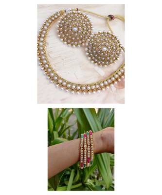 Combo Set Of White Moti Necklace Set And Multicolored Moti 4 Pc Bangles 1