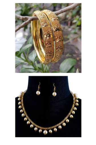 Combo Set Of 2 Pc Gold Plated Bangle And Pearl Necklace Set