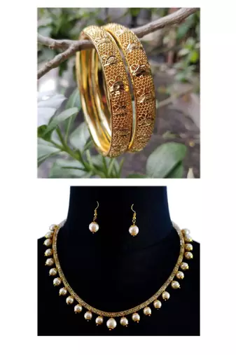 Combo Set Of 2 Pc Gold Plated Bangle And Pearl Necklace Set