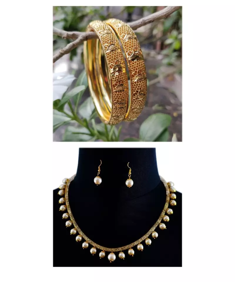 Combo Set Of 2 Pc Gold Plated Bangle And Pearl Necklace Set