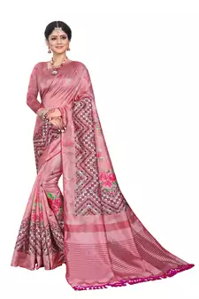 Pink printed art silk saree with blouse