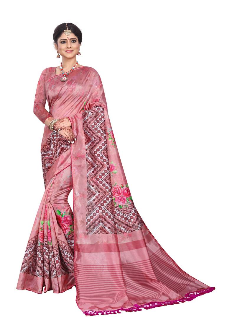 Pink printed art silk saree with blouse