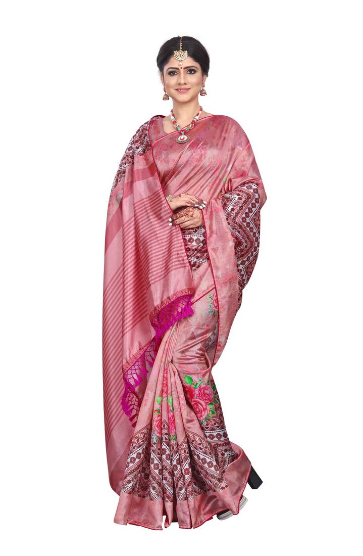 Pink printed art silk saree with blouse