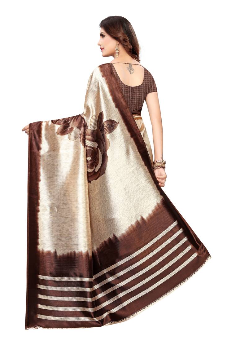 Women's Silk Blend Coffee Brown Printed Designer Saree With Blouse Piece