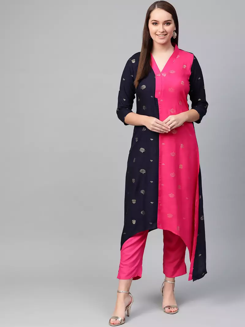 Navy-blue screen print viscose rayon salwar