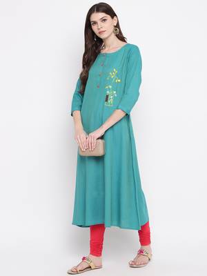 Women's Blue Rayon A-line Kurti 1