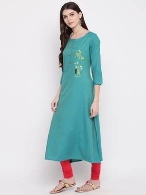 Women's Blue Rayon A-line Kurti 3