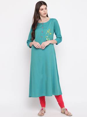 Women's Blue Rayon A-line Kurti 6
