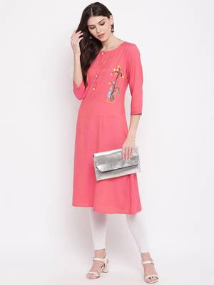 Women's Pink Rayon A-line Kurti 1