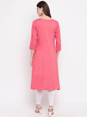 Women's Pink Rayon A-line Kurti 2