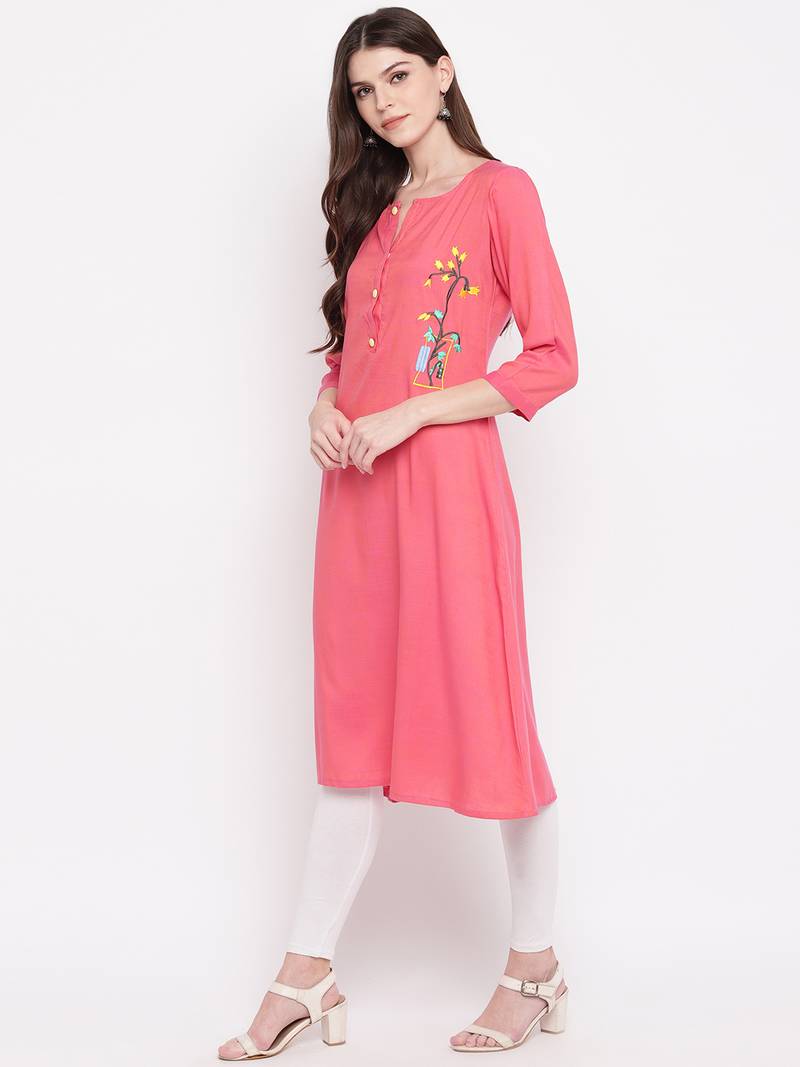 Women's Pink Rayon A-line Kurti