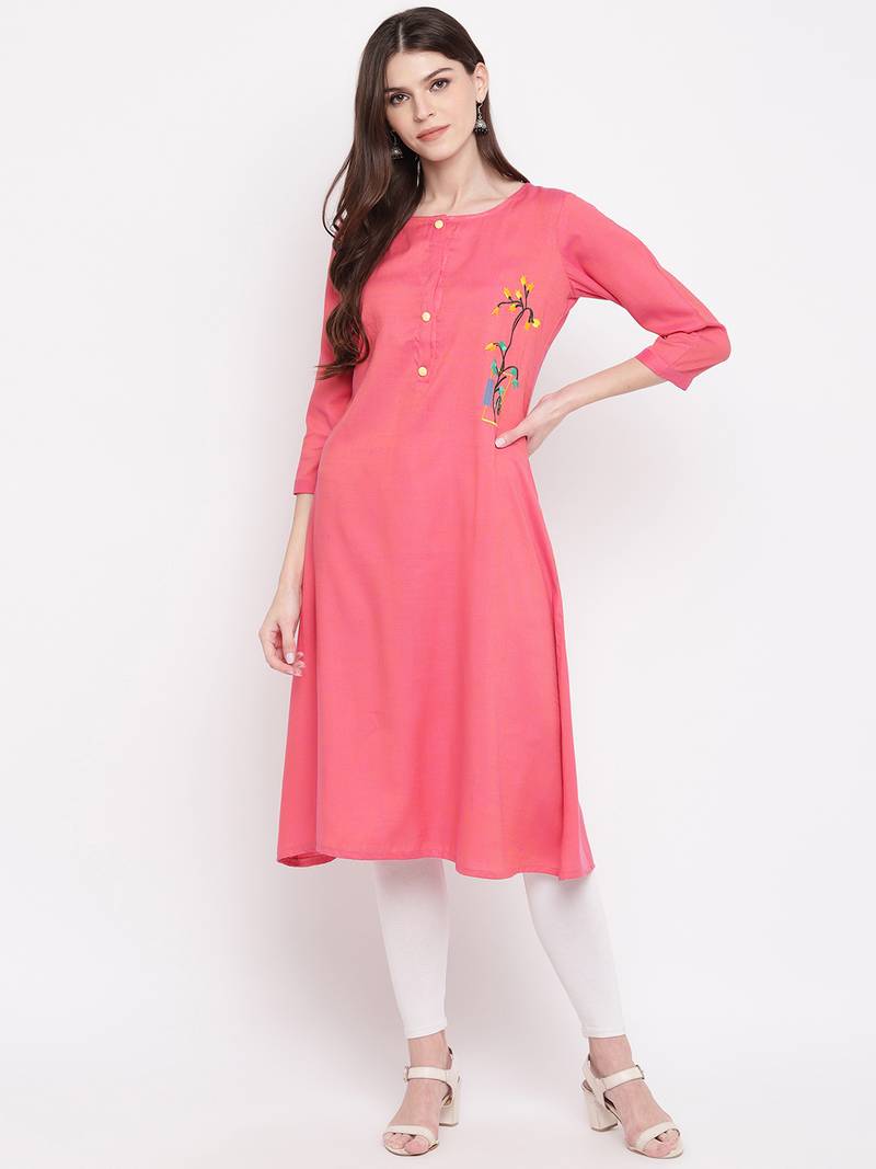 Women's Pink Rayon A-line Kurti