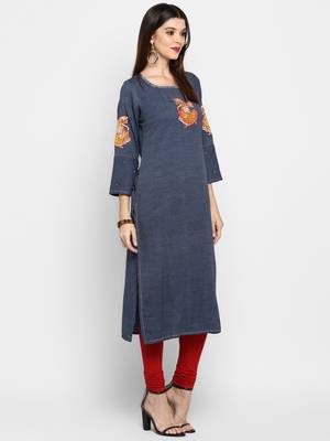 Women's Blue Rayon Straight Kurti 4