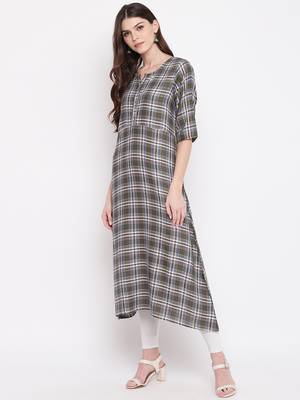 Women's Green Rayon A-line Kurti 3