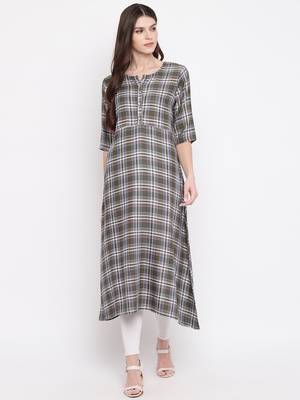 Women's Green Rayon A-line Kurti 6