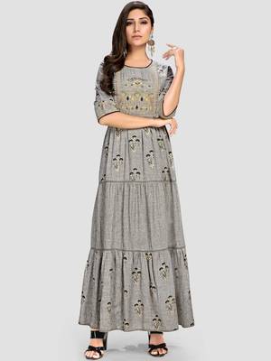 Women's Grey Cotton Anarkali Kurti 1