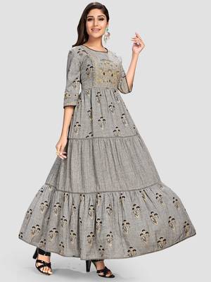 Women's Grey Cotton Anarkali Kurti 3