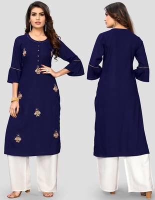 Women's Blue Rayon Straight Kurti 5