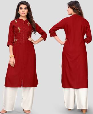 Women's Maroon Rayon Straight Kurti 6